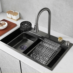 Кухненска Мивка със Смесител Водопад в Черен Цвят