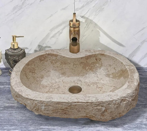 Дизайнерска Мивка за Баня от Индонезийски Бежов Мрамор Овална