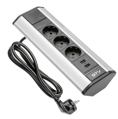 Разклонител GTV Schuko, Ъглов, 3 контакта, 2 USB
