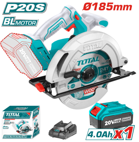 Акумулаторен безчетков ръчен циркуляр TOTAL Industrial, 20 V / 4 Ah, Ø 185 mm